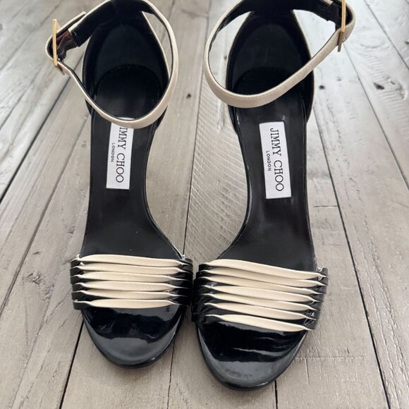 Jimmy Choo Livvi 85 Two-tone Leather Sandals Heels White Black - Picture 5 of 14
